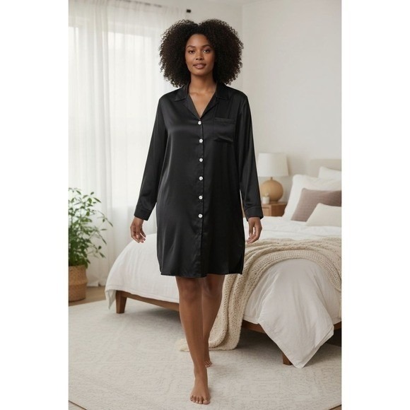 Soma Other - Soma 2X Black Satin Button Front Nightgown Sleep Shirt Rhinestone Button Detail